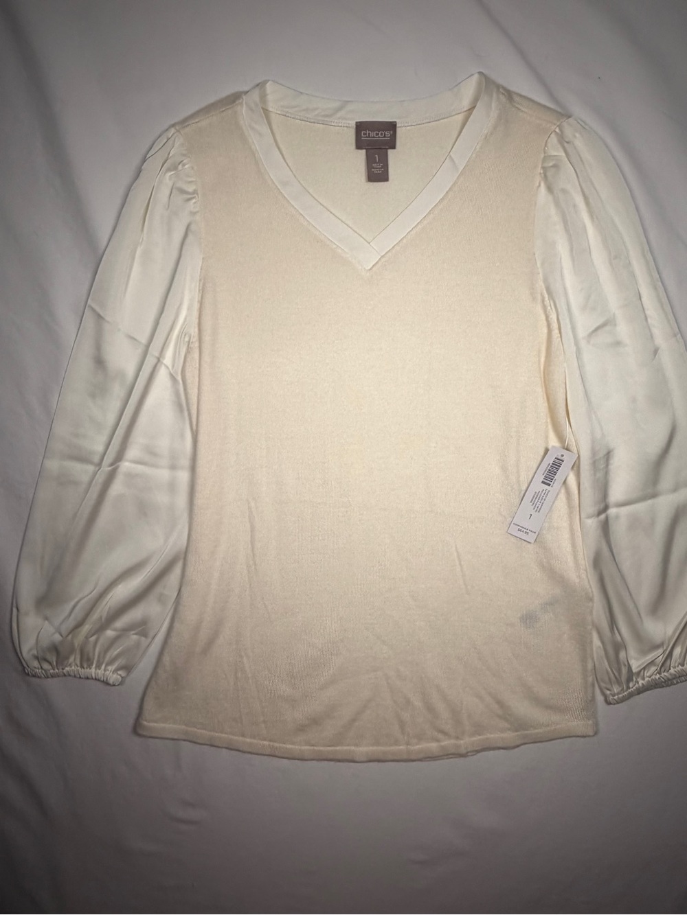 Chico's W-8 (1) Cream V-Neck Mixed-Media Cashmere with Satin Puff Sleeve Blouse